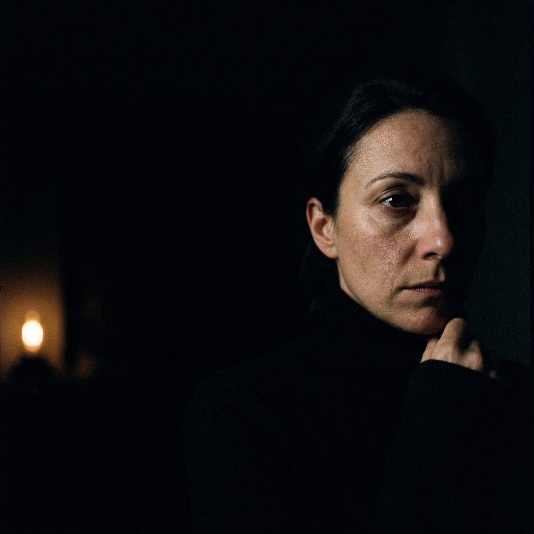 Mulher com rosto parcialmente na sombra, apenas um lado iluminado por luz dura, olhar distante e expressão fechada