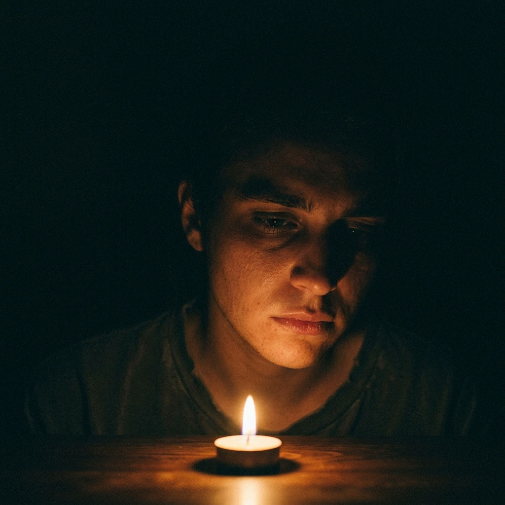 Rosto parcialmente iluminado por luz baixa, metade na sombra, expressão de peso interior