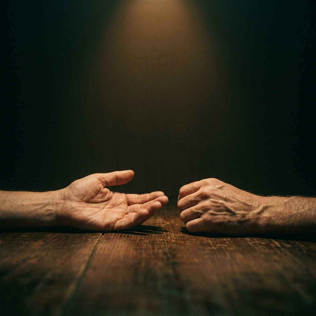Duas mãos abertas sobre mesa escura, separadas, luz pontual iluminando os dedos