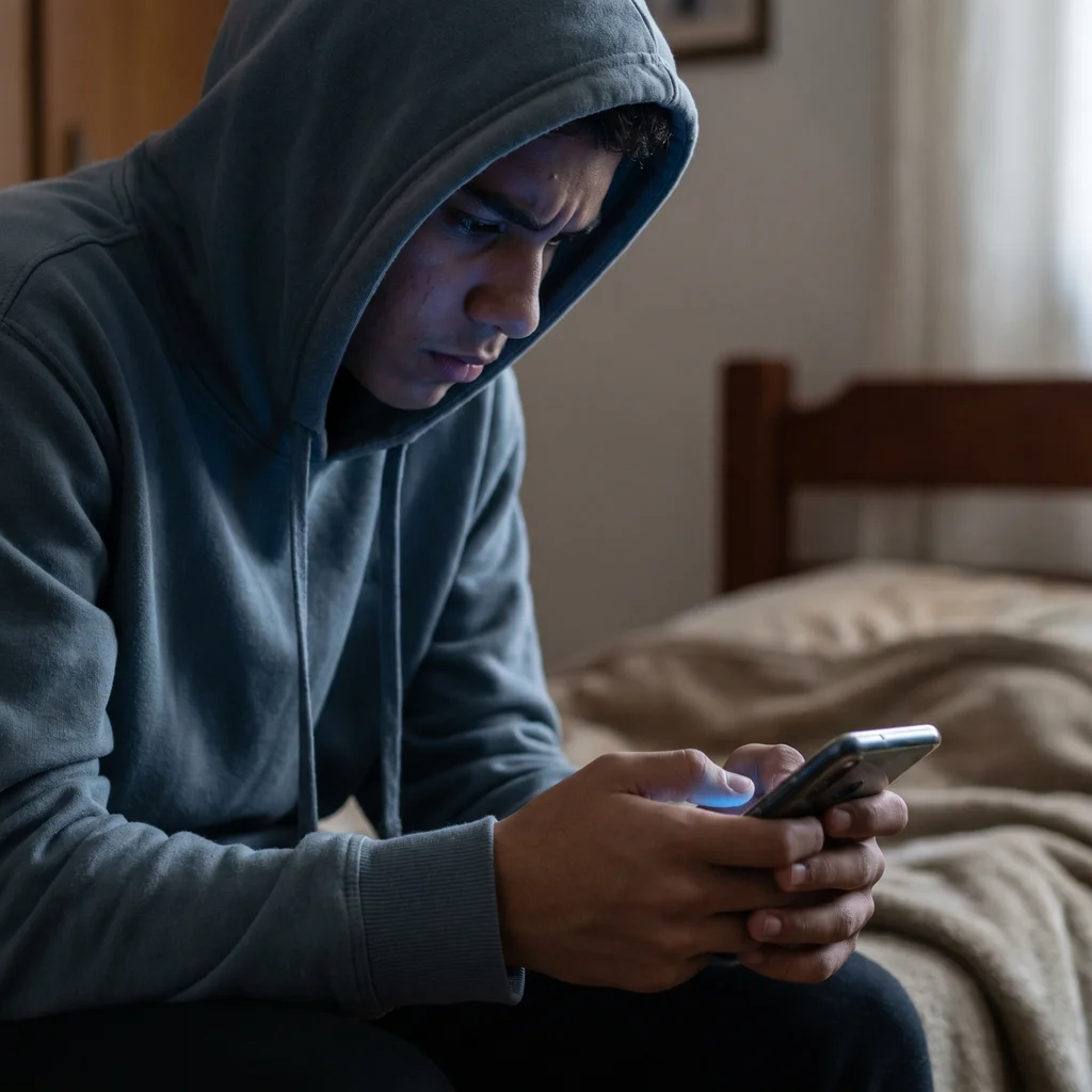 Adolescente segurando celular com firmeza em quarto escuro, expressão tensa