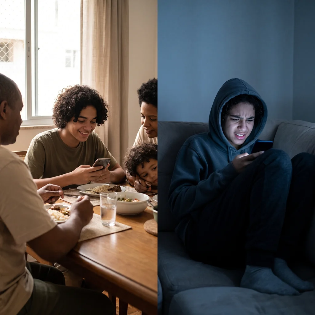 Comparação entre uso saudável do celular em família e uso isolado e compulsivo