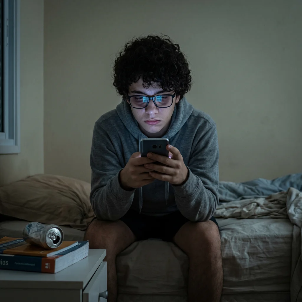 Adolescente exausto sentado na cama à noite com celular brilhando no rosto