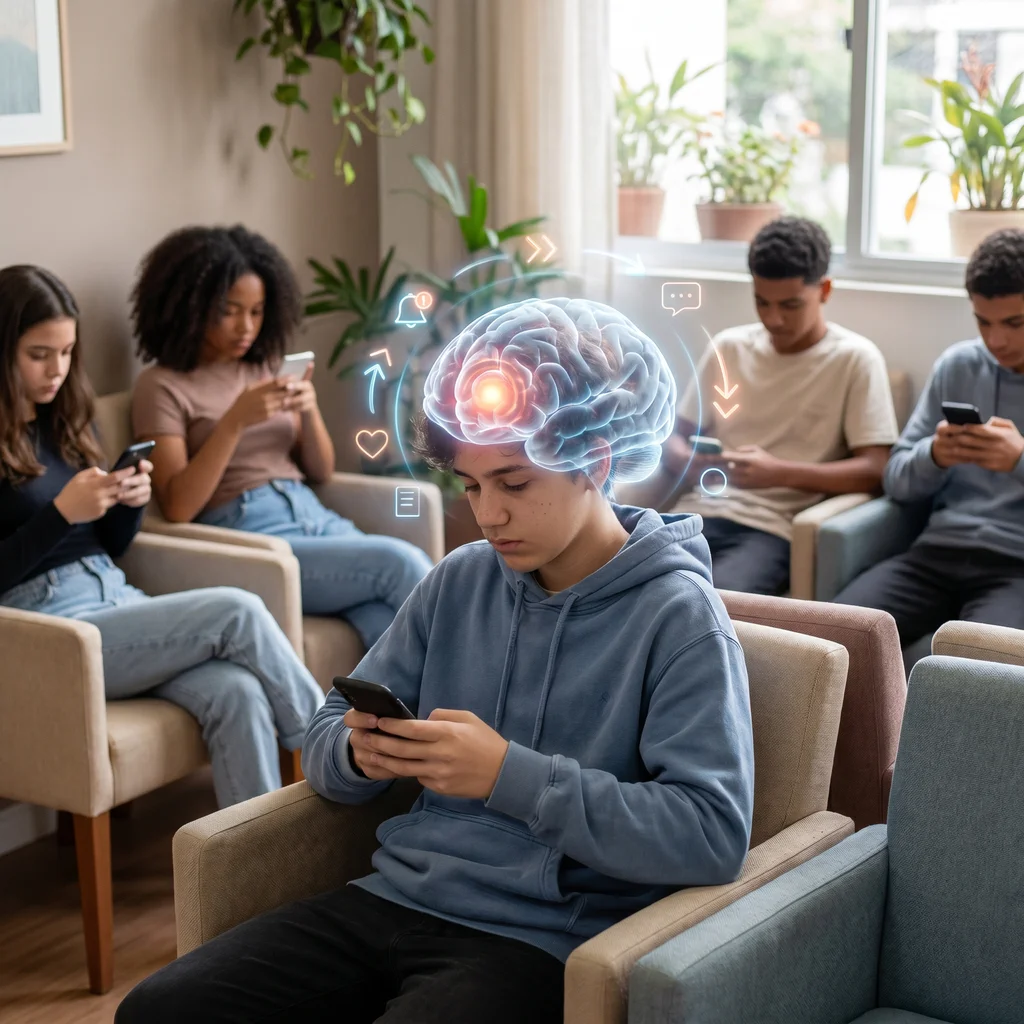 Ilustração de cérebro adolescente com córtex pré-frontal em destaque rodeado por ícones de notificações