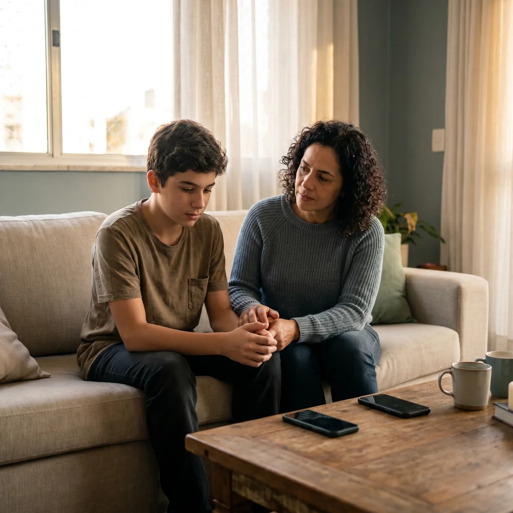 Mãe e filho adolescente conversando no sofá, celulares de lado, mãos unidas