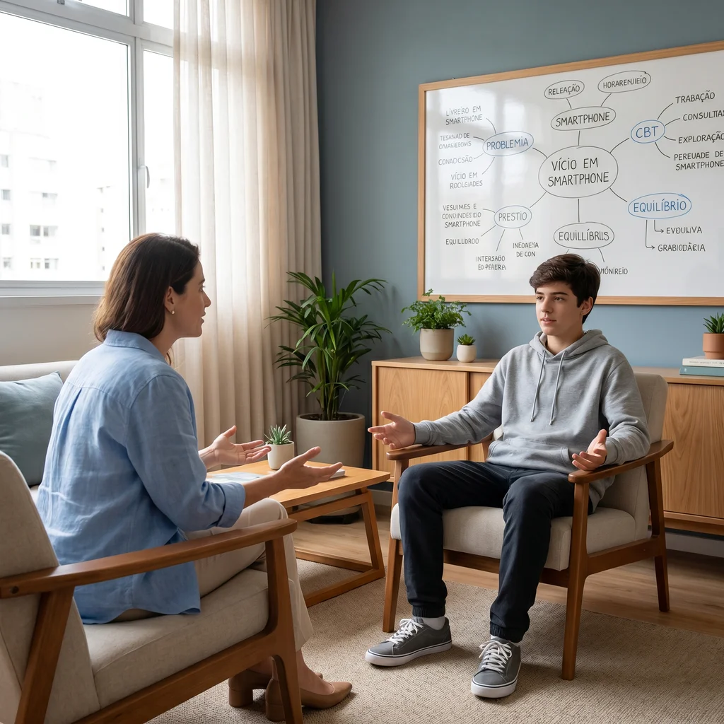 Terapeuta conduzindo sessão de terapia cognitivo-comportamental com adolescente em clínica moderna