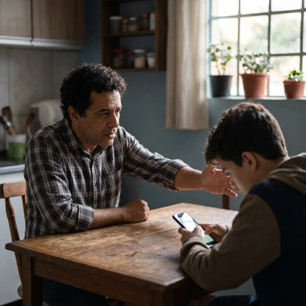Pai preocupado conversando com filho adolescente absorto no celular