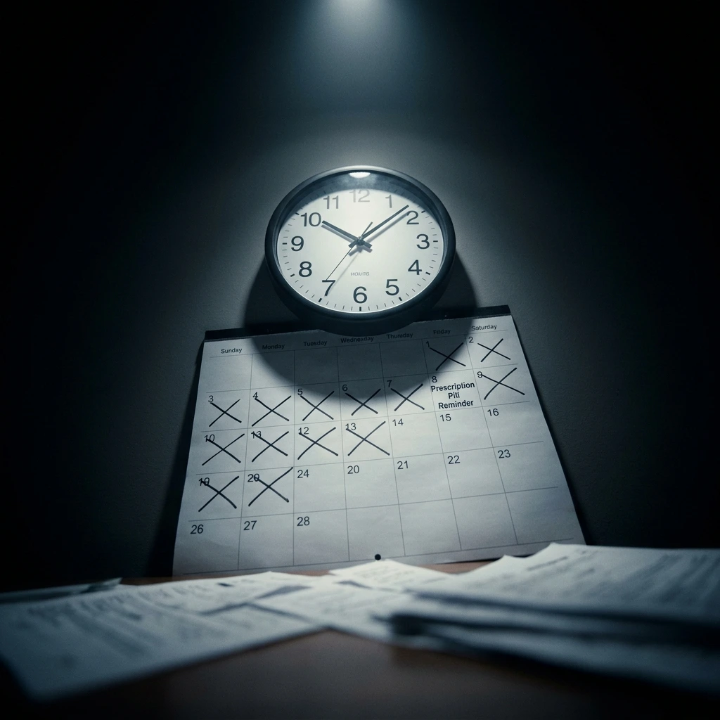 Relógio analógico na parede acima de agenda com datas marcadas, iluminado por foco único em ambiente escuro
