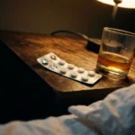 Mesa de cabeceira com zolpidem e bebida alcoólica sob luz noturna — riscos do zolpidem e álcool