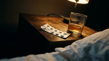 Mesa de cabeceira com zolpidem e bebida alcoólica sob luz noturna — riscos do zolpidem e álcool