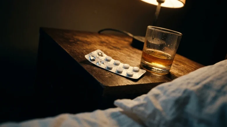 Mesa de cabeceira com zolpidem e bebida alcoólica sob luz noturna — riscos do zolpidem e álcool