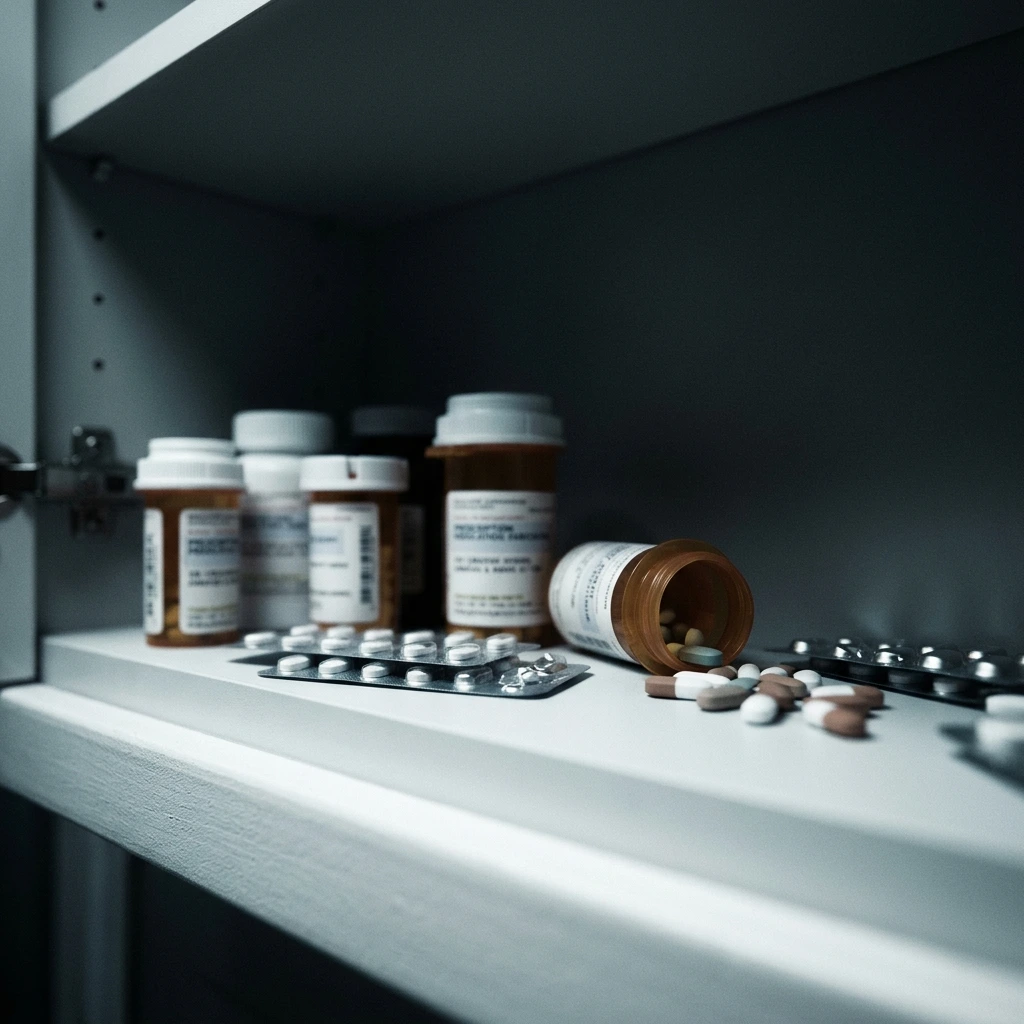 Prateleira de armário com vários frascos de medicamentos e blisters, um aberto com comprimidos espalhados
